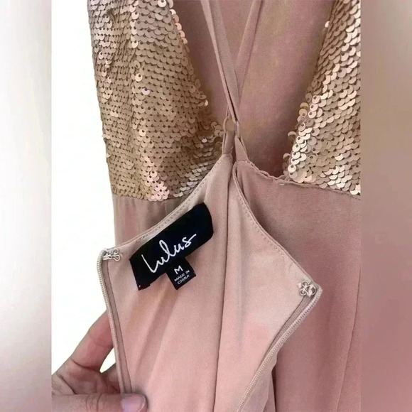 Lulu’s blush/champagne backless maxi dress with sequins on bodice. Size Medium - Picture 3 of 11
